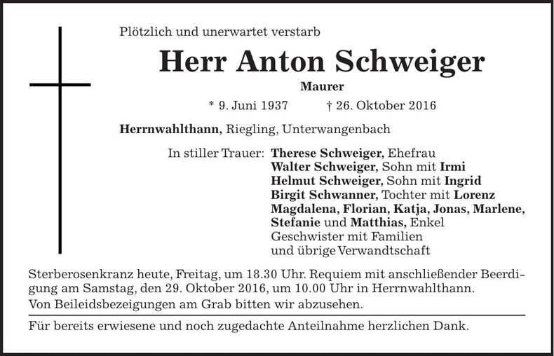 Traueranzeige Anton Schweiger