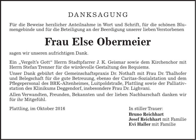Traueranzeige Else Obermeier
