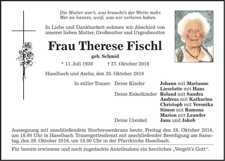 Traueranzeige Therese Frischl