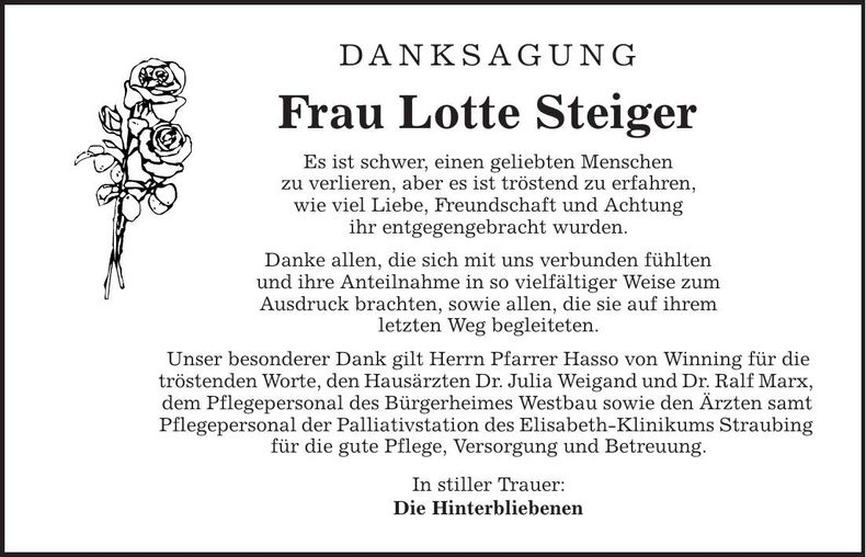 Traueranzeige Lotte Steiger