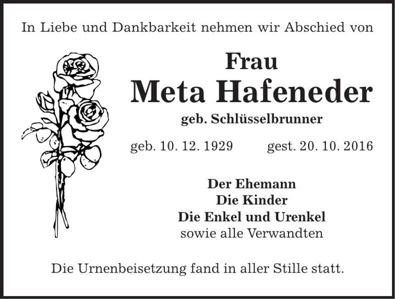 Traueranzeige Meta Hafeneder