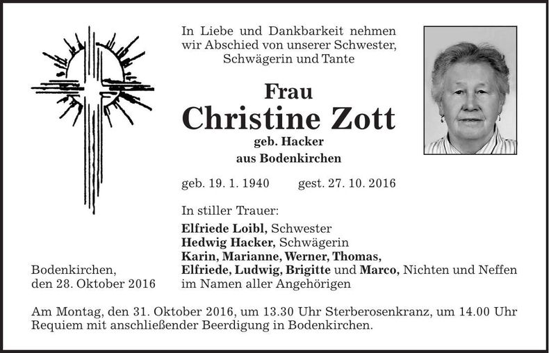 Traueranzeige Christine Zott