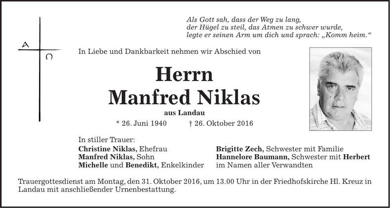 Traueranzeige Manfred Niklas