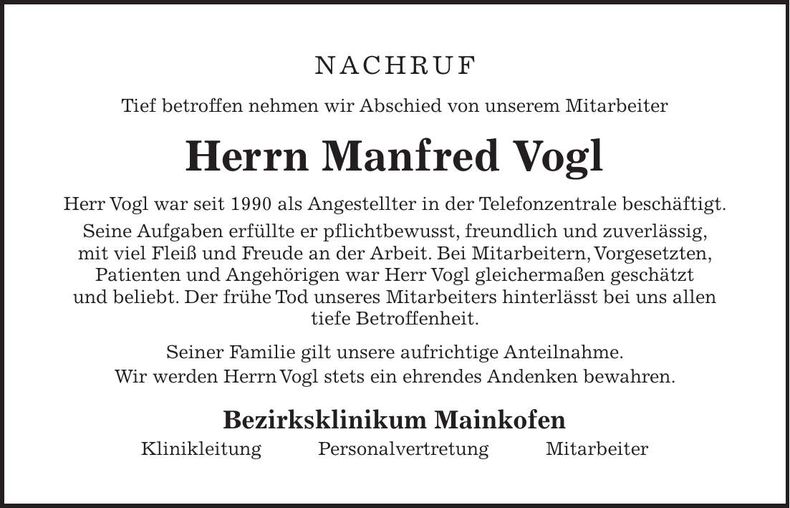 Traueranzeige Manfred Vogl