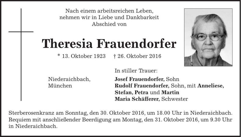 Traueranzeige Theresia Frauendorfer