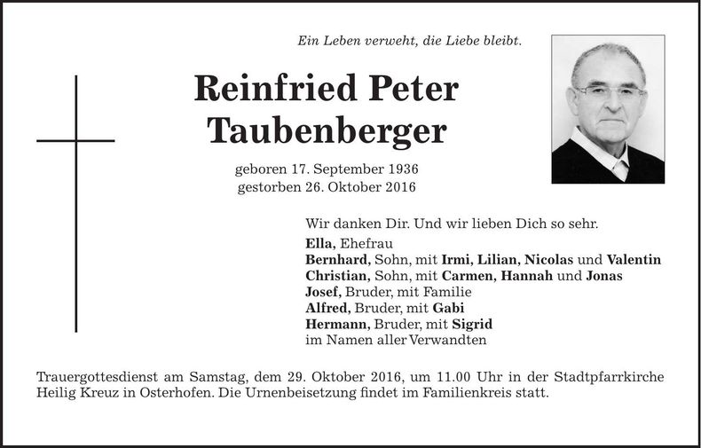 Traueranzeige Reinfried Peter Taubenberger