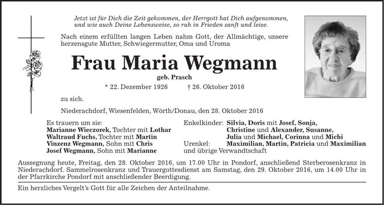 Traueranzeige Maria Wegmann