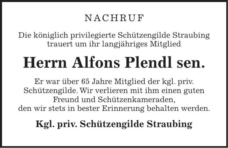 Traueranzeige Alfons Plendl