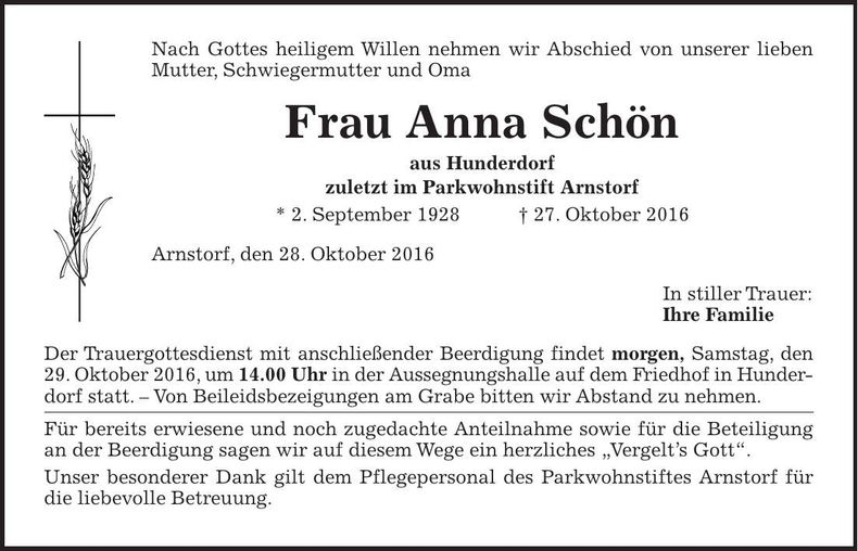Traueranzeige Anna Schön
