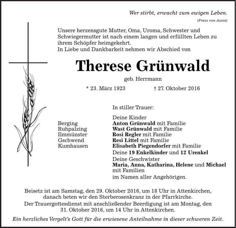 Traueranzeige Therese Grünwald