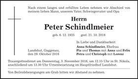 Traueranzeige Peter Schindlmeier