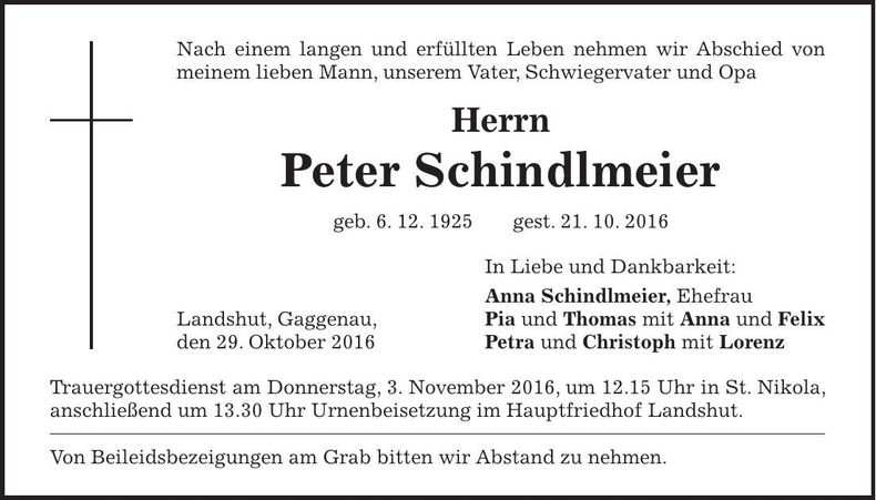 Traueranzeige Peter Schindlmeier