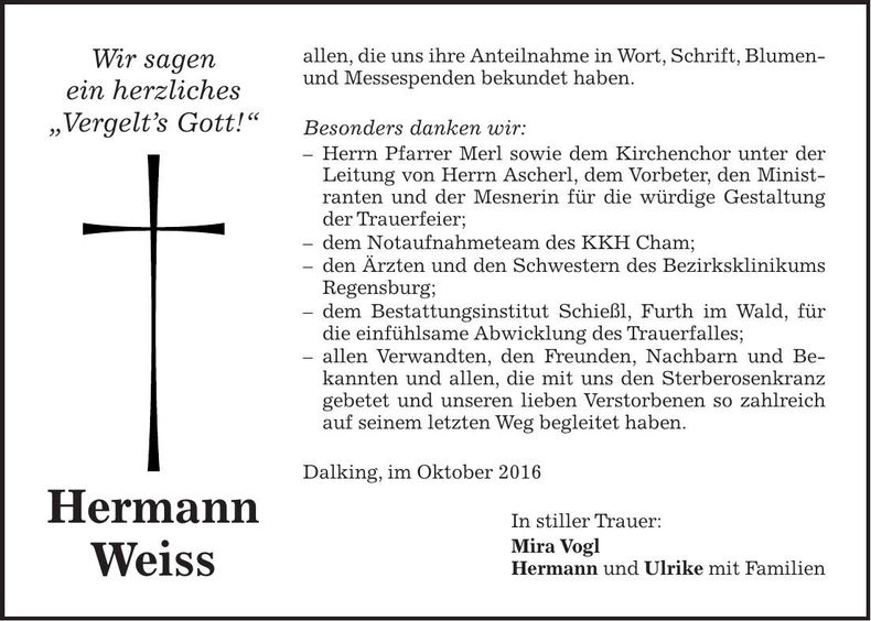Traueranzeige Hermann Weiss