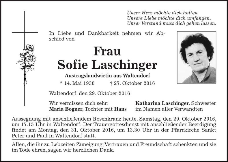 Traueranzeige Sofie Laschinger