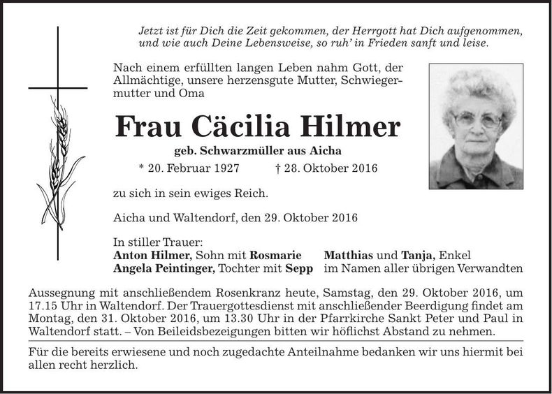 Traueranzeige Cäcilia Hilmer
