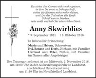 Traueranzeige Anny Skwirblies