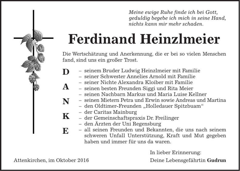 Traueranzeige Ferdinand Heinzlmeier