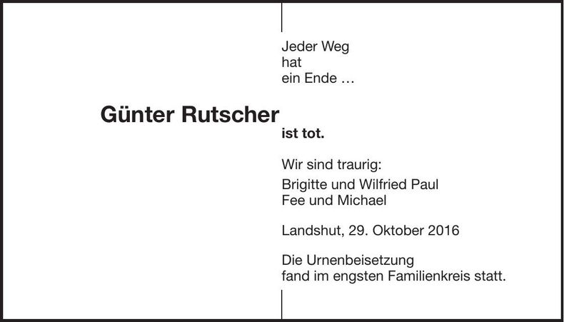 Traueranzeige Günter Rutscher
