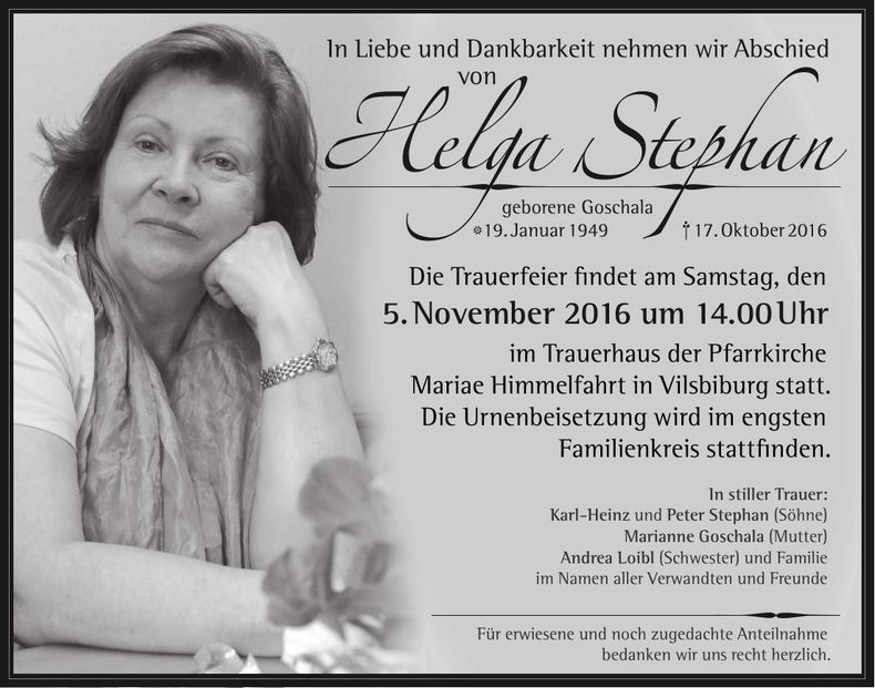 Traueranzeige Helga Stephan