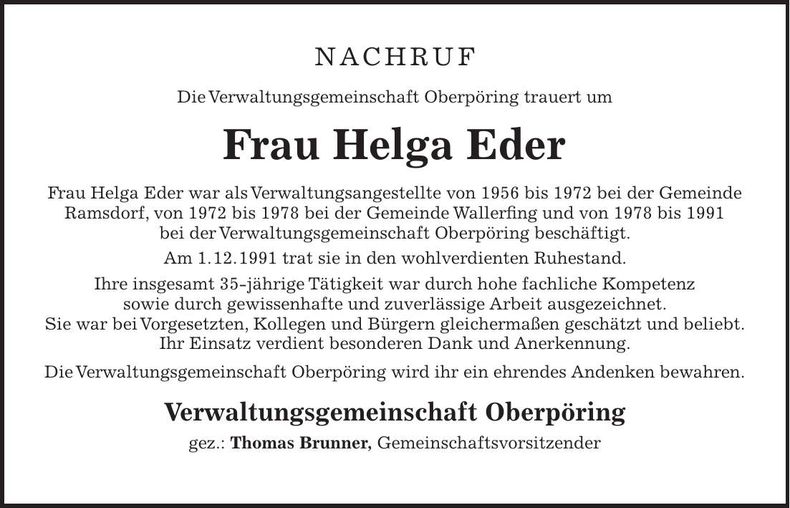 Traueranzeige Helga Eder