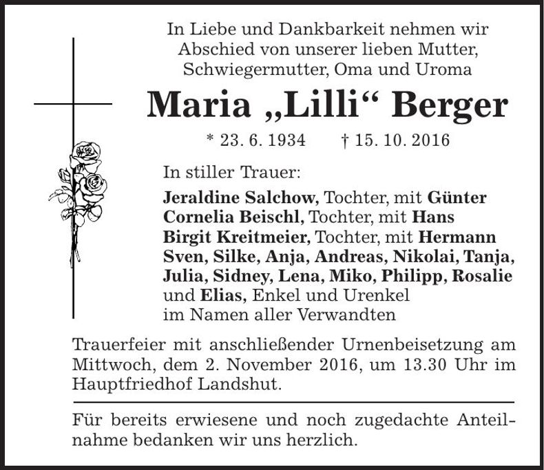 Traueranzeige Maria Berger