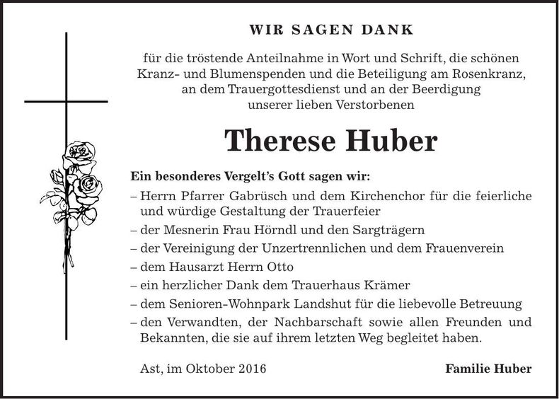 Traueranzeige Therese Huber