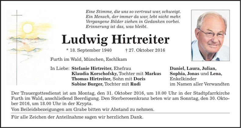 Traueranzeige Ludwig Hirtreiter