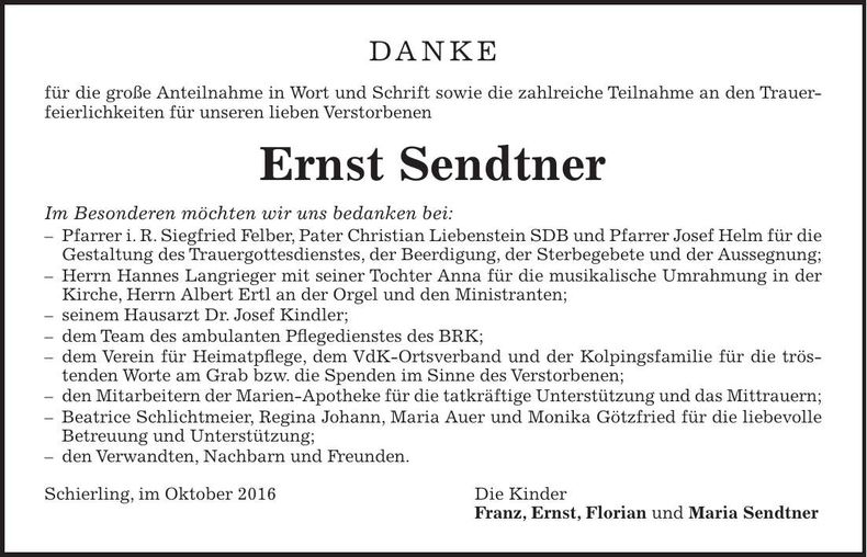Traueranzeige Ernst Sendtner