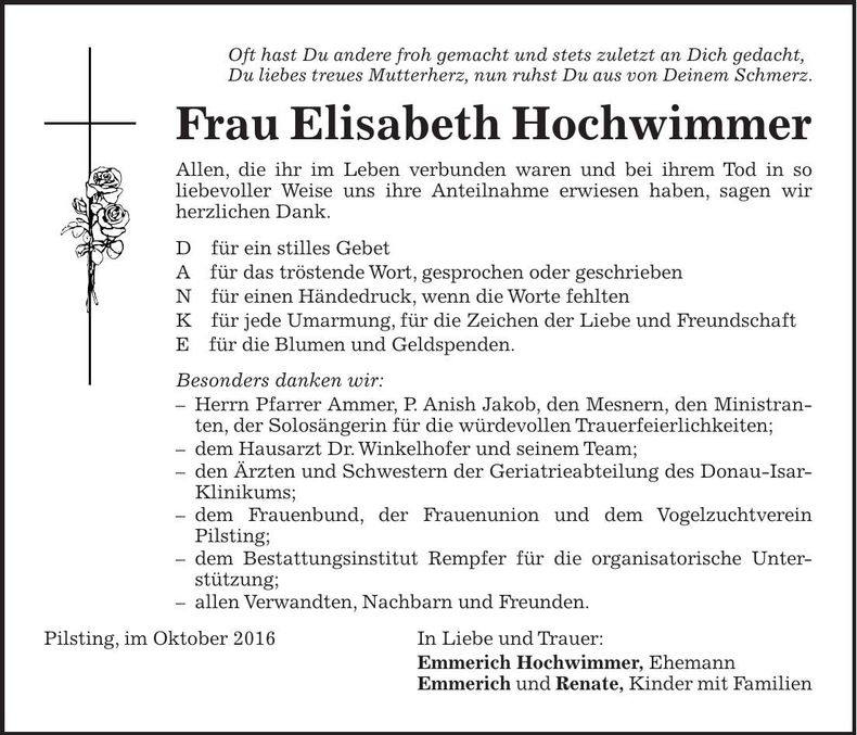 Traueranzeige Elisabeth Hochwimmer
