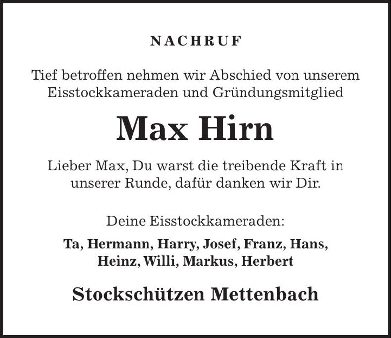 Traueranzeige Max Hirn