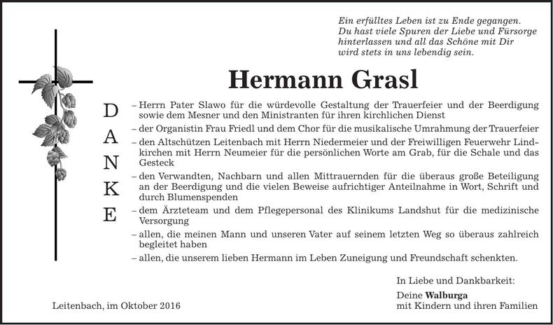 Traueranzeige Hermann Grasl