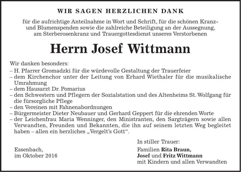Traueranzeige Josef Wittnann