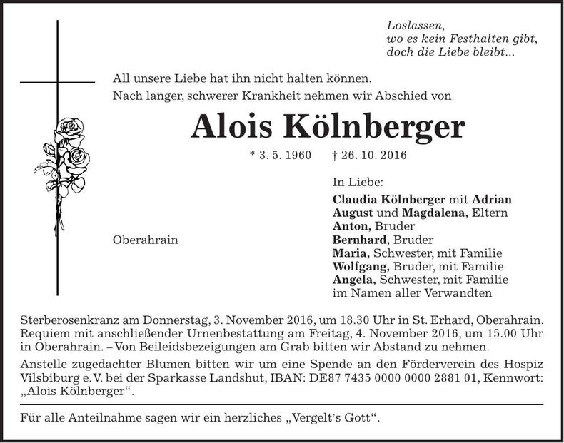 Traueranzeige Alois Kölnberger