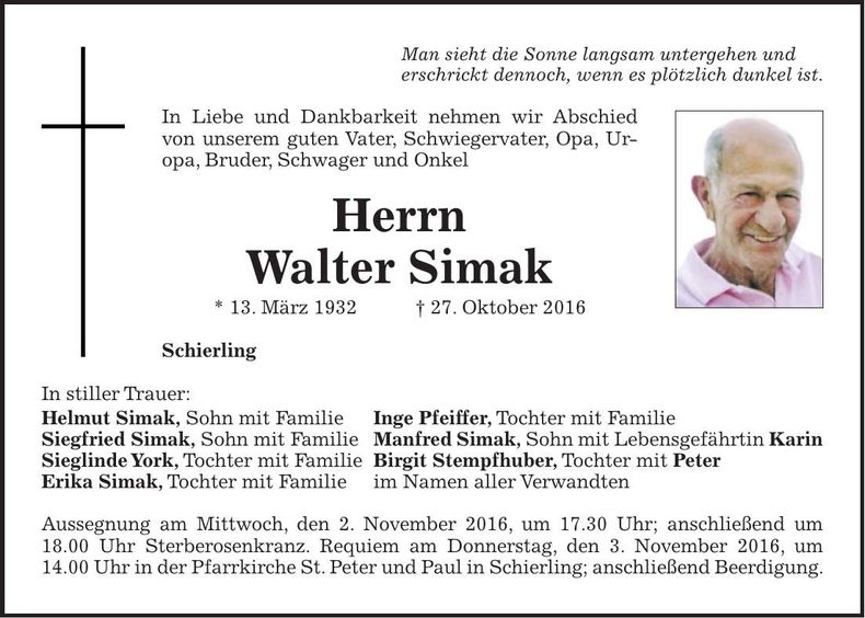 Traueranzeige Walter Simak