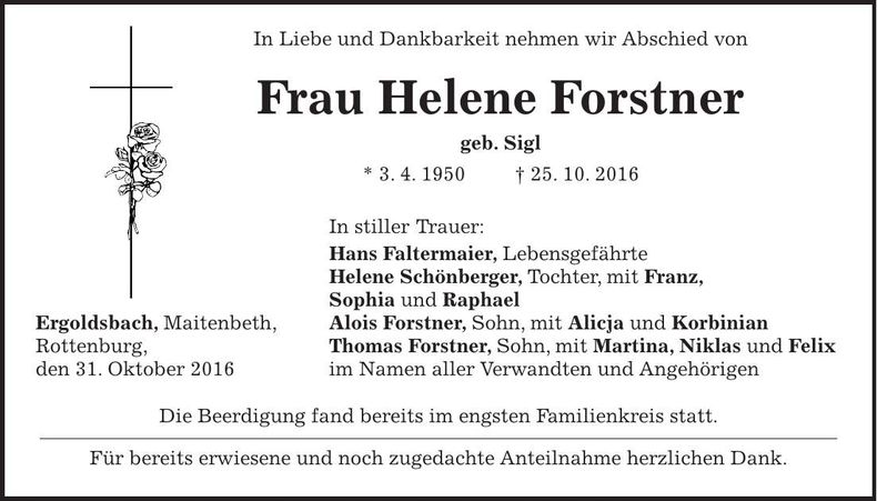 Traueranzeige Helene Forstner