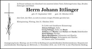 Traueranzeige Johann Ittlinger