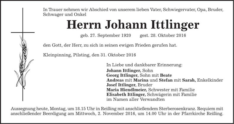 Traueranzeige Johann Ittlinger