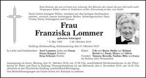 Traueranzeige Franziska Lommer