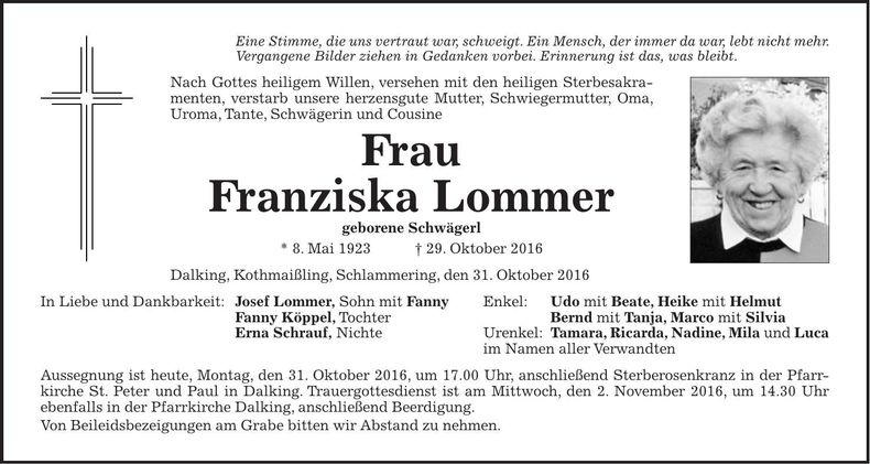 Traueranzeige Franziska Lommer