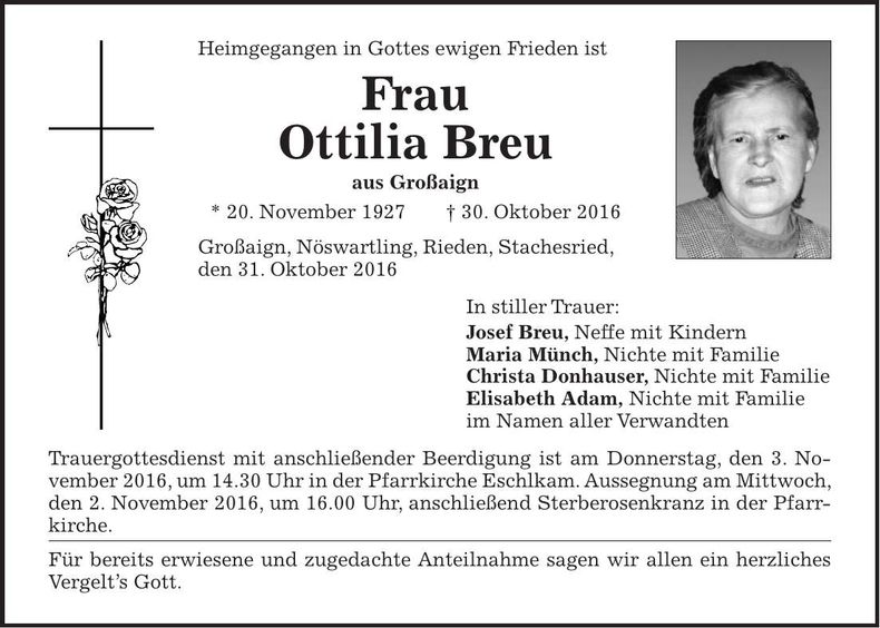 Traueranzeige Ottilia Breu