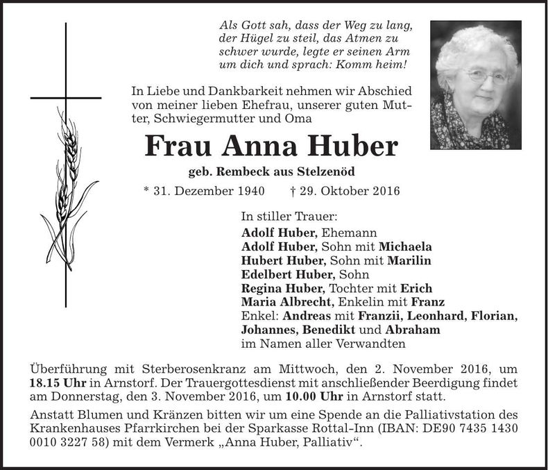 Traueranzeige Anna Huber