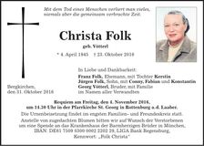 Traueranzeige Christa Folk