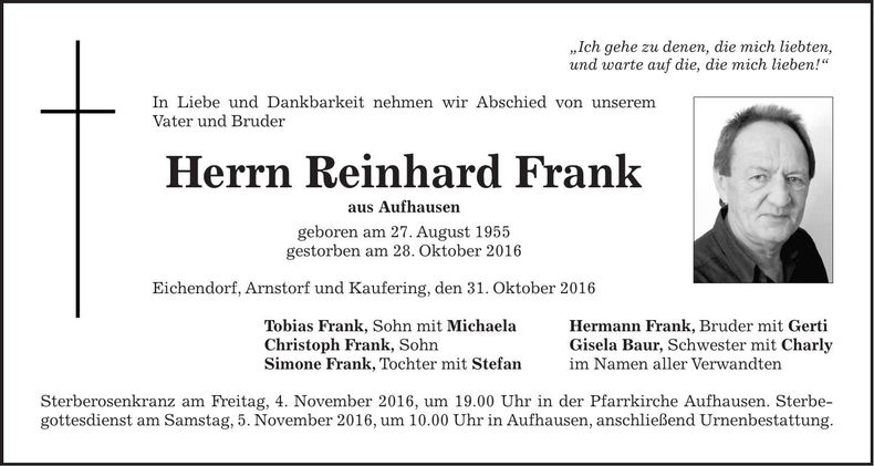 Traueranzeige Reinhard Frank