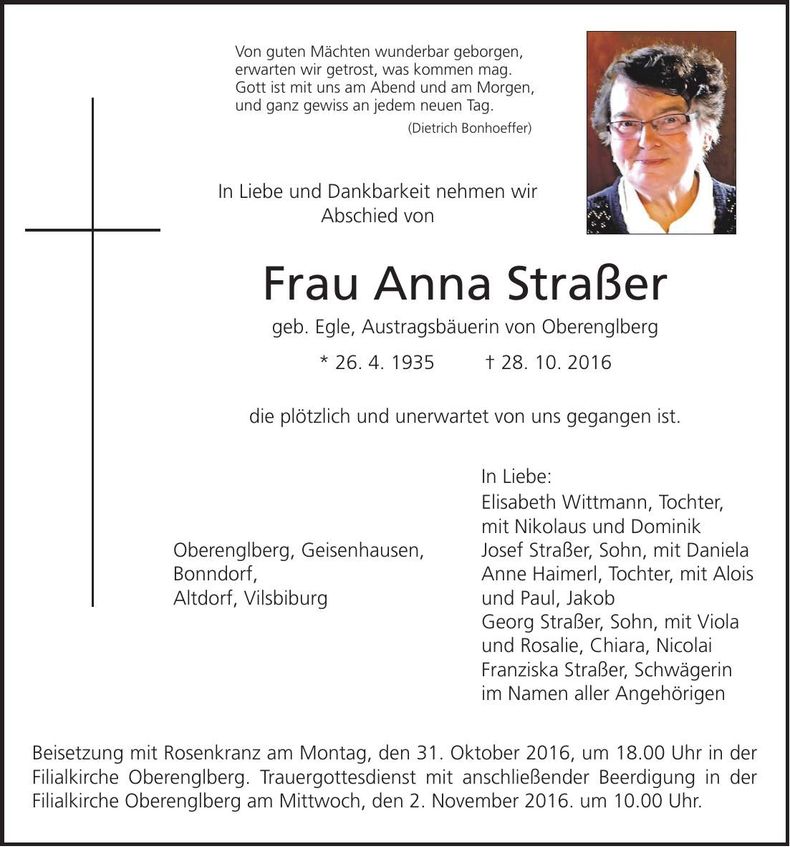 Traueranzeige Anna Straßer