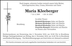 Traueranzeige Maria Kleeberger