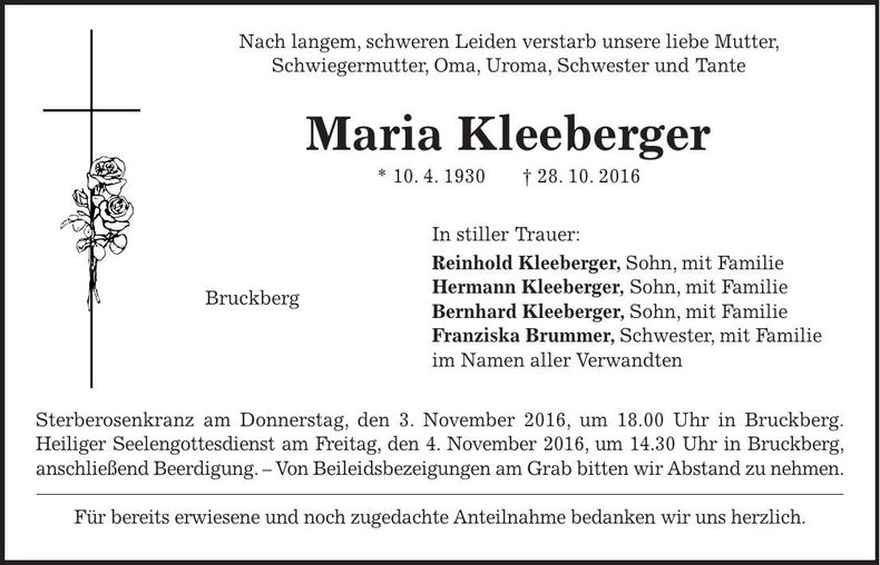 Traueranzeige Maria Kleeberger