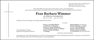 Traueranzeige Barbara Wimmer