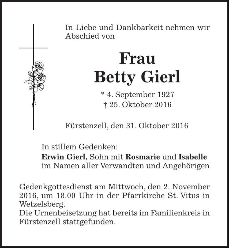 Traueranzeige Betty Gierl