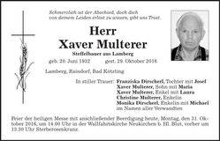 Traueranzeige Xaver Multerer