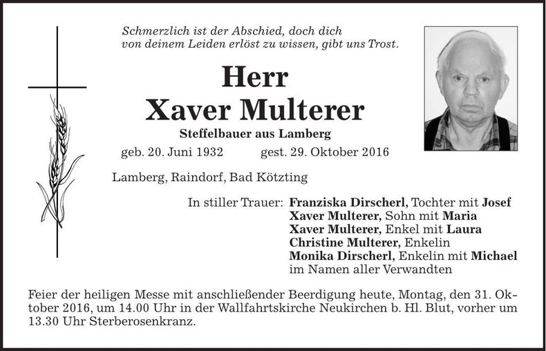 Traueranzeige Xaver Multerer